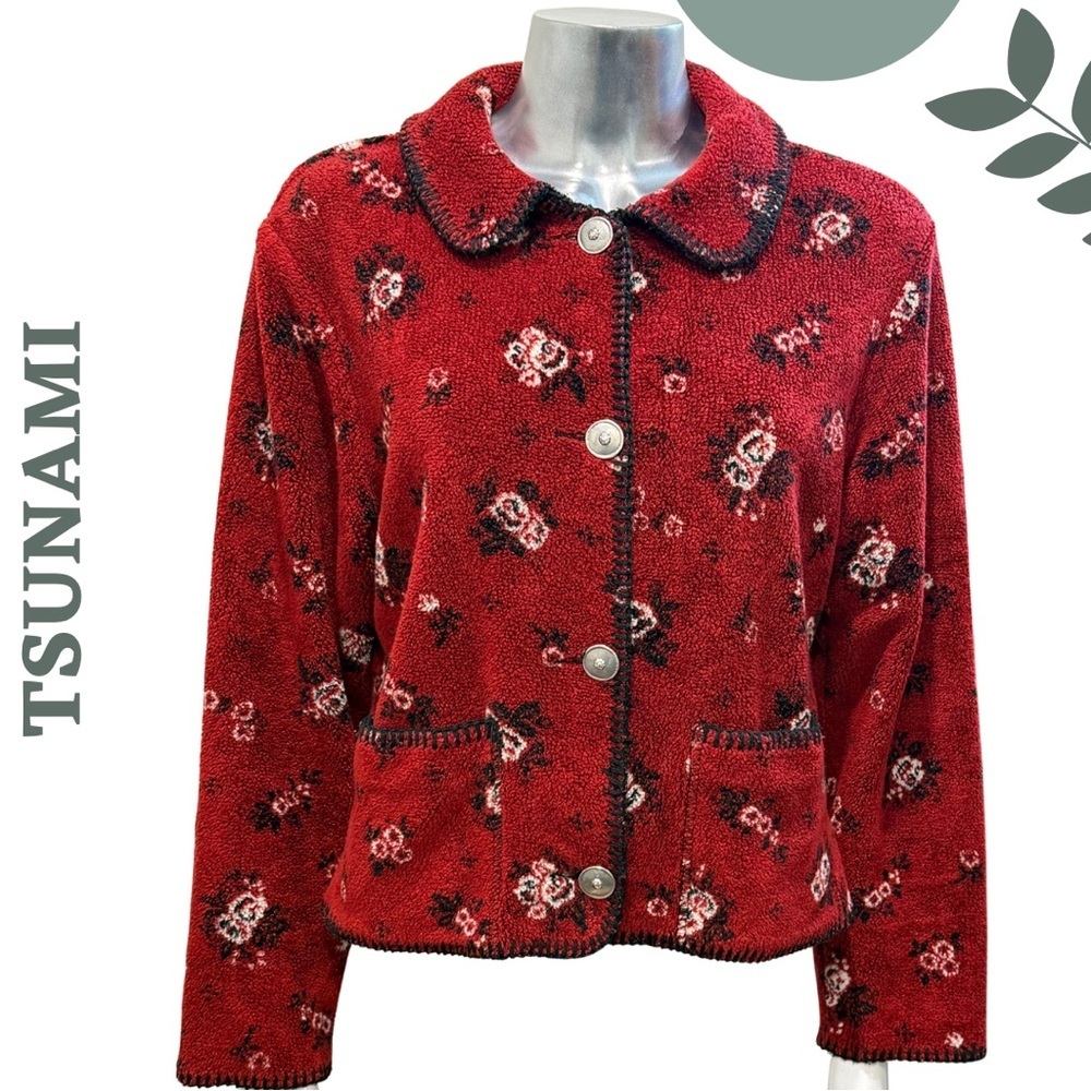 TSUNAMI Red Floral Fleece Button-Up Jacket – Made in Canada Small